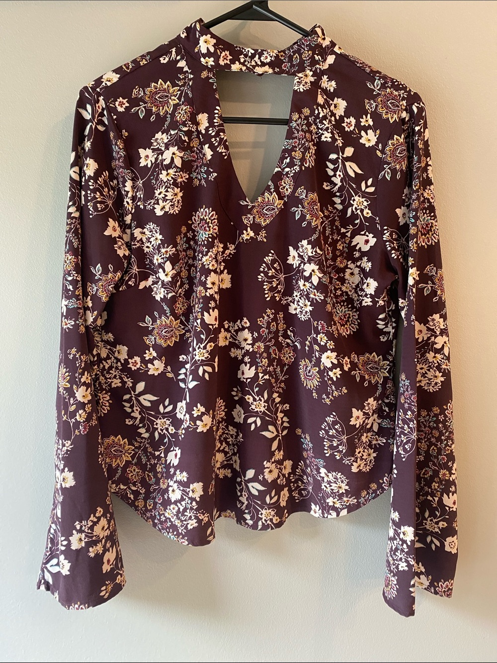 Altar'd State Plum Floral Keyhole V-Neck Long Sleeve Top